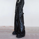 Hearujoy Vintage Men's Distressed PU Leather Pants Segmented Metal Niche Desige Wide Leg Casual Trousers Autumn Tide 9C3108